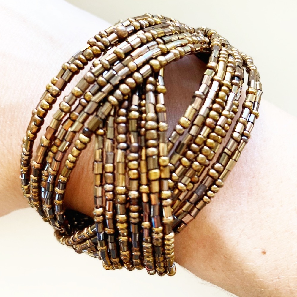 Boho brown & bronze braided beads cuff bracelet